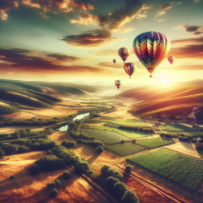 Sunset Serenity: Hot Air Balloons Dance Over a Tranquil Valley