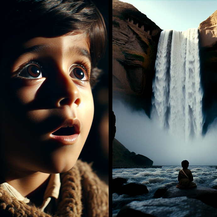 A Moment of Wonder: Boy Gazes at Majestic Waterfall