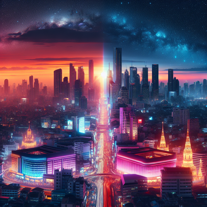 Where Day Meets Night: A City’s Neon Dream Under the Milky Way