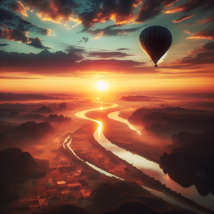 Sunrise Majesty: A Hot Air Balloon Soars Above Misty Mountains