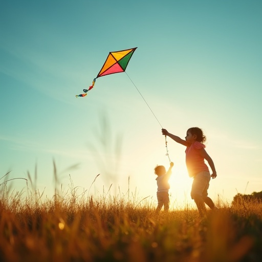 Silhouettes of Joy: Children’s Kite Flight at Sunset