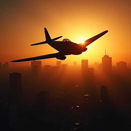 Silhouette of Hope: Vintage Airplane Soars Above Cityscape at Sunset