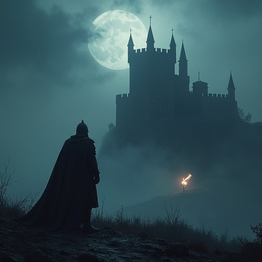 Silhouetted Mystery: A Lone Figure and a Moonlit Castle