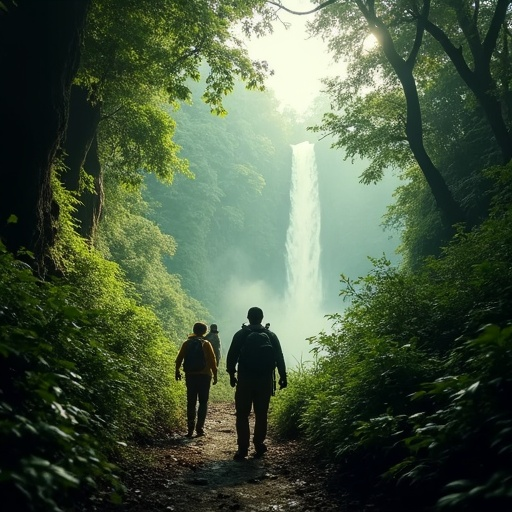 Silhouetted Figures at the Waterfall’s Edge