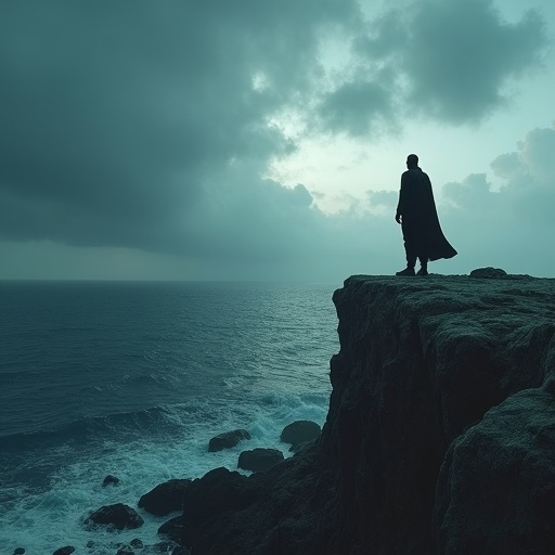 Silhouetted Figure on a Stormy Cliff