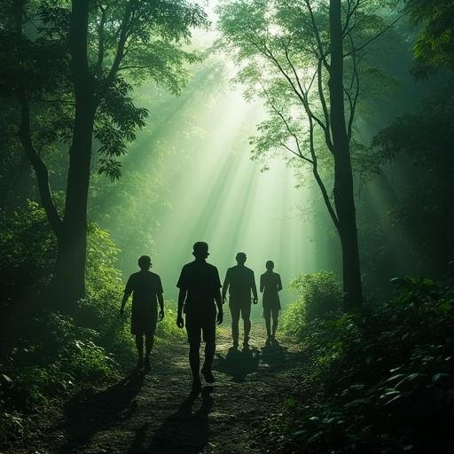 Sunbeams Guide Four Figures Through a Mysterious Forest