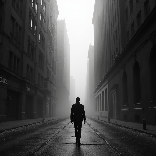 Lost in the Fog: A Solitary Figure Walks Through a Mysterious City