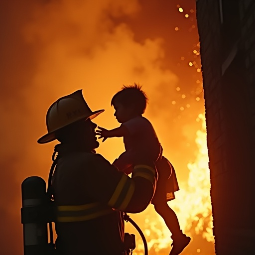 Silhouette of Hope: Firefighter Protects Child Amidst Blazing Sky