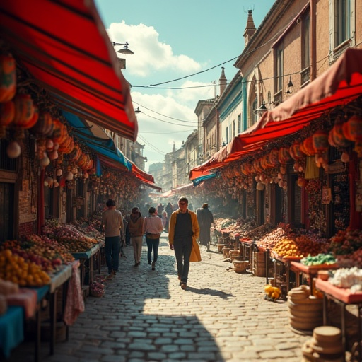 A Vibrant Street Market Bustles with Life