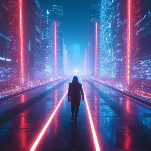 Lost in Neon: A Solitary Figure Navigates a Futuristic Cityscape