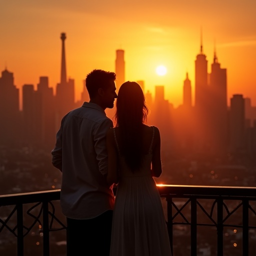 Silhouettes of Love Against a Sunset Cityscape