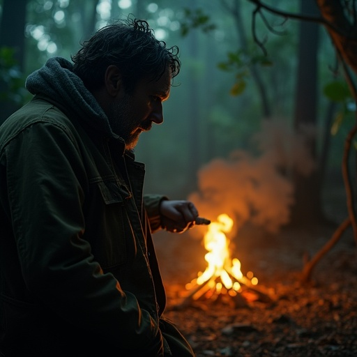 Lost in the Shadows: A Man Contemplates the Eerie Glow of a Distant Fire