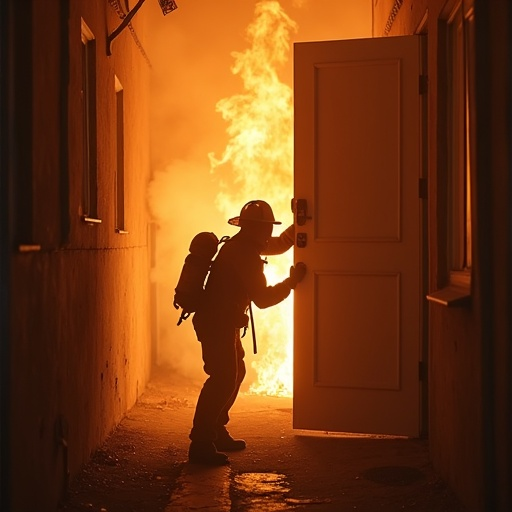 Silhouetted Hero: Firefighter Battles Blaze in Dramatic Rescue