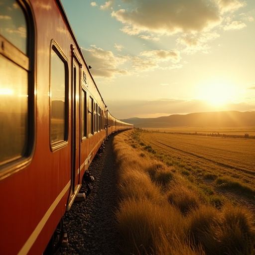 Sunset Serenade: A Red Train Chugs Through Golden Fields