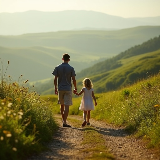 A Father and Daughter’s Peaceful Stroll Through Rolling Hills