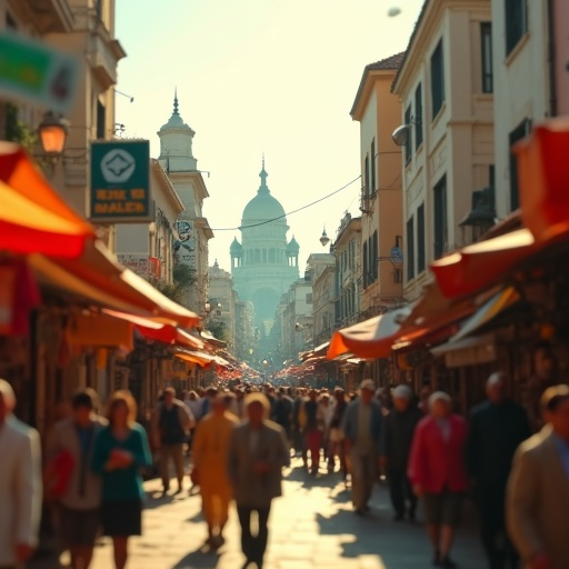 A Bustling European Street with a Majestic Cathedral in the Distance