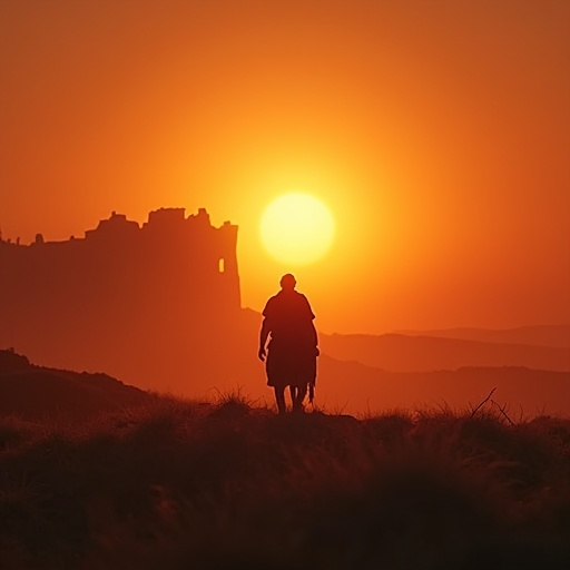 A Solitary Figure Walks Towards the Sunset, Leaving a Silhouetted Castle Behind