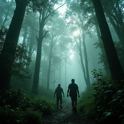 Lost in the Mist: Two Figures Walk Through a Mysterious Forest