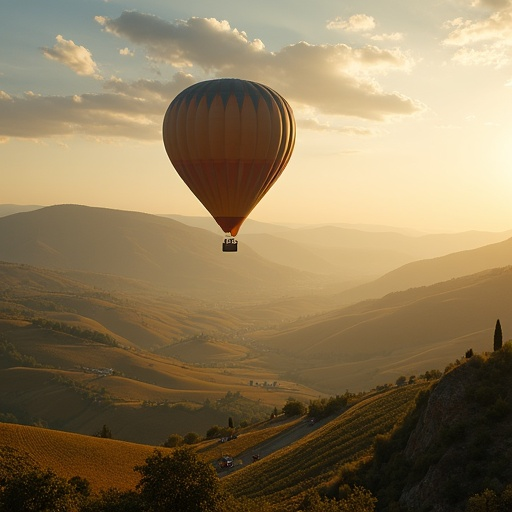 Serene Sunset Flight: A Hot Air Balloon Soars Over Rolling Hills