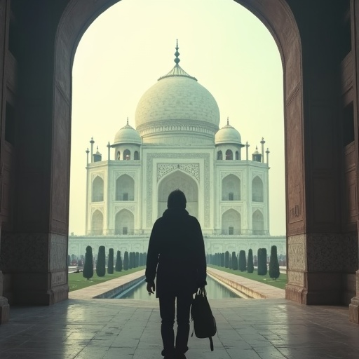 Silhouette of Solitude: A Lone Figure Contemplates the Taj Mahal