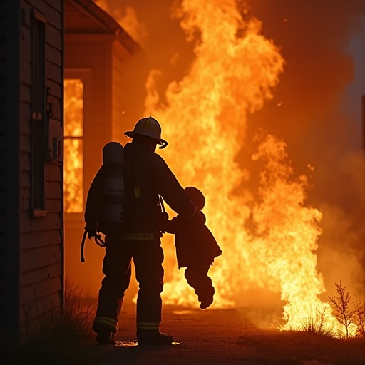 Silhouette of Courage: Firefighter Rescues Child from Blazing Building