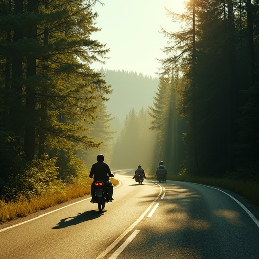 Sun-Drenched Adventure: Motorcyclists Glide Through Misty Forest