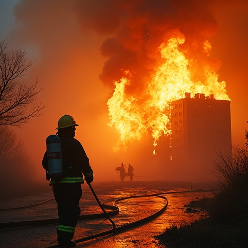 Firefighter’s Silhouette Against Blazing Inferno