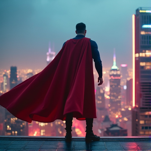 Silhouette of Hope: A Superhero Stands Watch Over the City