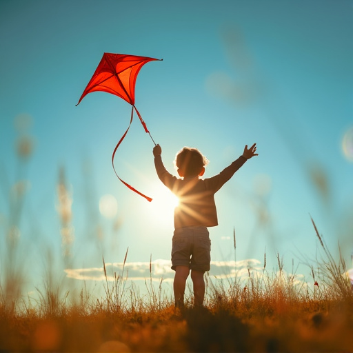 Silhouetted Dreams: A Child’s Joyful Kite Flight at Sunset