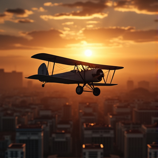 Nostalgic Sunset Flight: A Vintage Biplane Soars Above the City