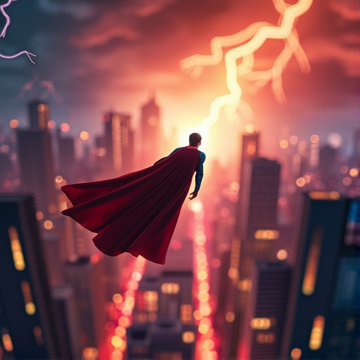 Superhero Soars Through Lightning-Struck City