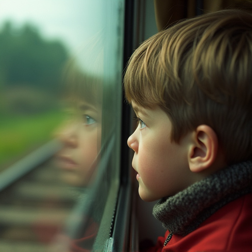 Lost in Thought: A Boy’s Pensive Gaze Through the Train Window