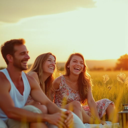 Sunset Laughter: Friends Find Joy in a Field of Gold