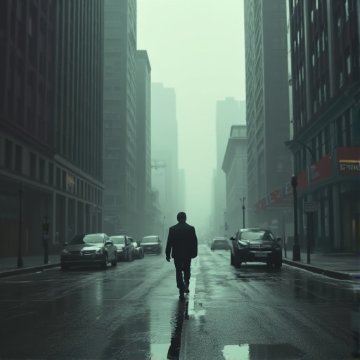 Lost in the Mist: A Solitary Figure Walks Through an Urban Fog