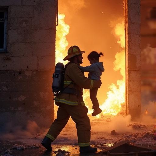 Heroic Rescue: Firefighter Silhouetted Against Blazing Inferno