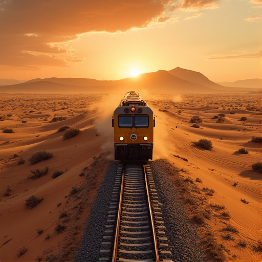 Golden Hour Solitude: A Train Chases the Sunset Across a Desolate Landscape