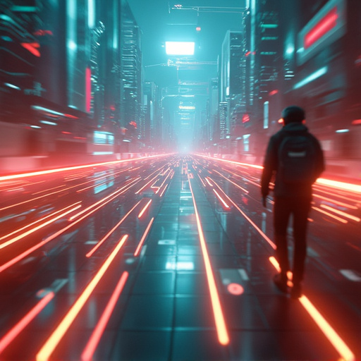 Lost in the Neon Glow: A Solitary Figure Navigates a Futuristic Cityscape