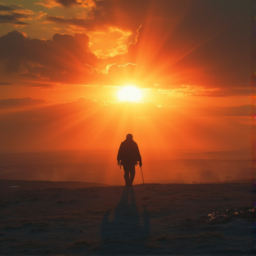 Silhouette of Hope: A Lone Figure Walks Towards the Setting Sun