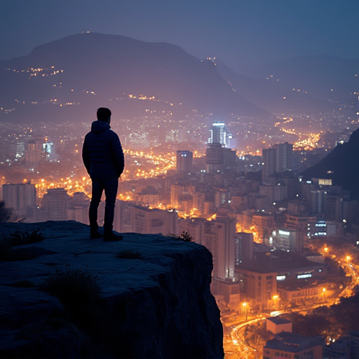 Silhouetted Solitude: A Moment of Contemplation Above the City Lights