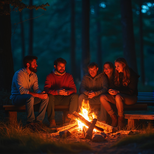 Campfire Glow: Friends Gather in the Forest Night