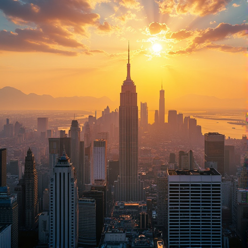 Golden Hour Majesty: A Cityscape Bathed in Sunset Glory