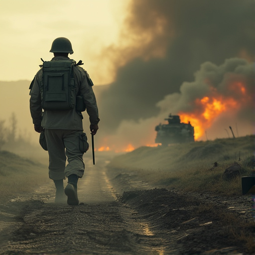 Silhouetted Against the Flames: A Soldier’s Lonely Walk