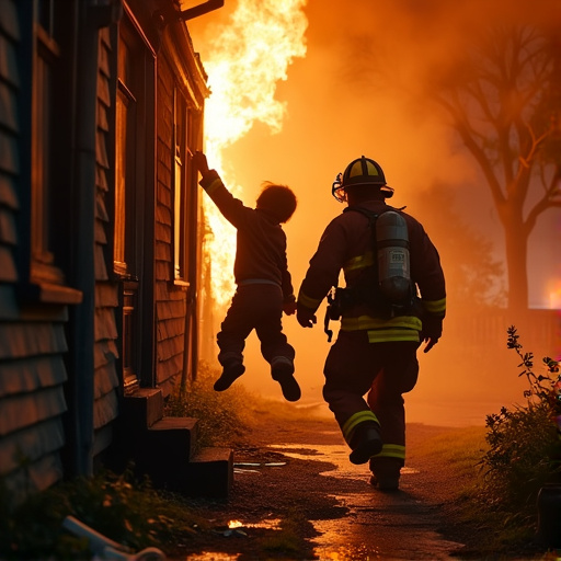 Heroic Silhouette: Fireman Rescues Child from Burning Building