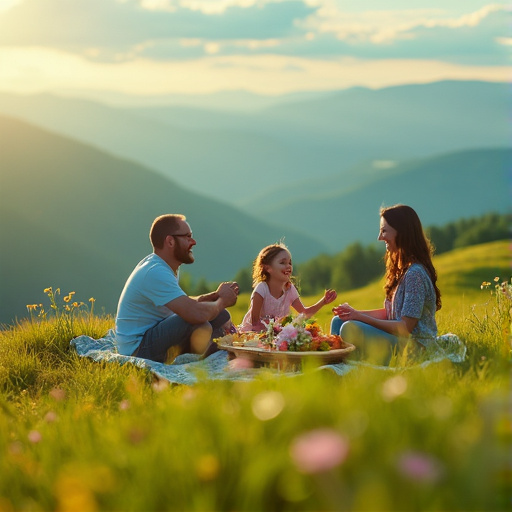 Golden Hour Family Picnic with Mountain Views