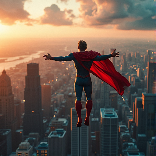 Hope Takes Flight: A Superhero Soars Above the City at Sunset