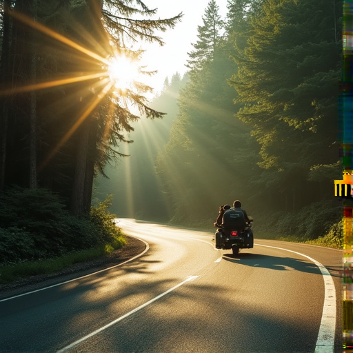 Sunbeams Dance Through the Trees as a Motorcycle Winds Through the Forest