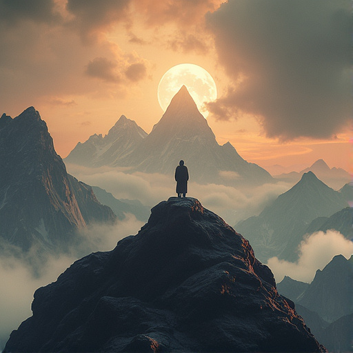 A Solitary Figure Gazes Upon a Moonlit Mountain Range