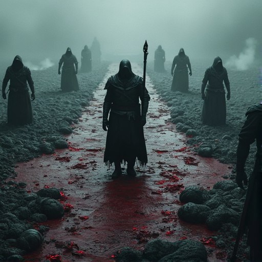 Hooded Figures Walk a Path of Blood in Eerie Landscape