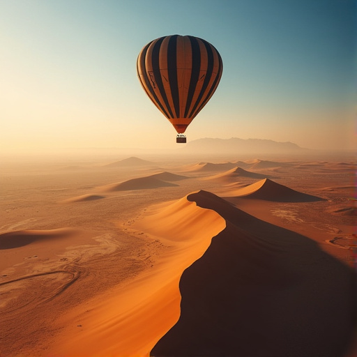 Sunrise Serenity: A Hot Air Balloon Soars Over the Orange Desert