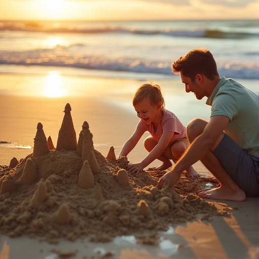 Sunset Sandcastle Dreams: A Father and Son’s Moment of Joy